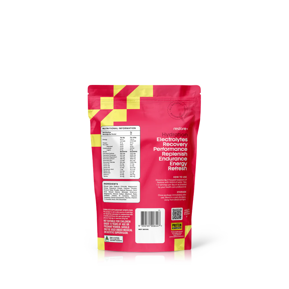 Protein Supplies Aust. Restore Electrolyte Drink Mix Raspberry Lemonade