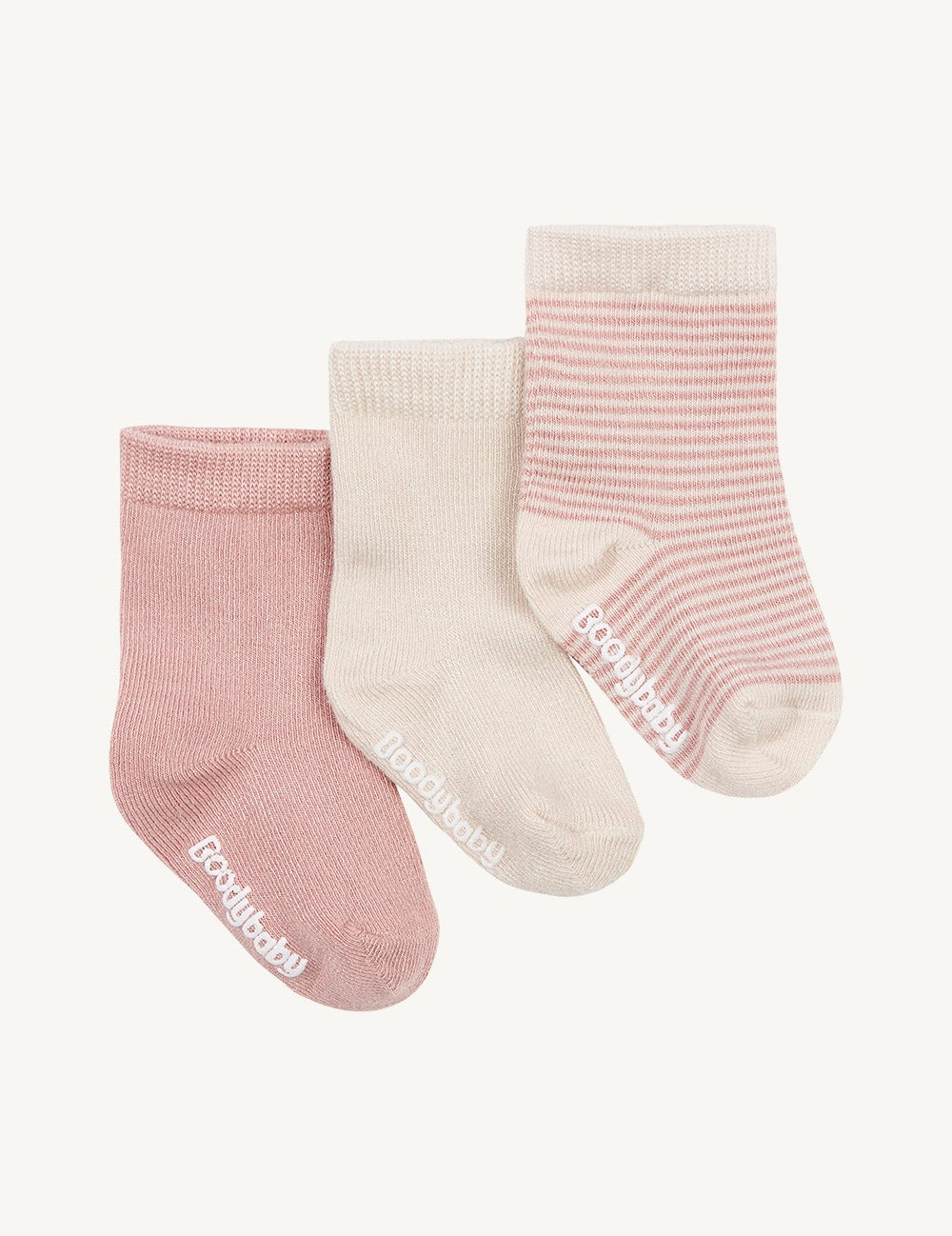 Boody Baby 3 Pairs of Socks Chalk/Rose Stripe 0-3
