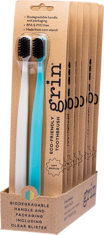 GRIN Biodegradable Toothbrush (Twin Pack) Soft Mint & Ivory