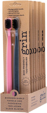 GRIN Biodegradable Toothbrush (Twin Pack) Soft Pink & Navy