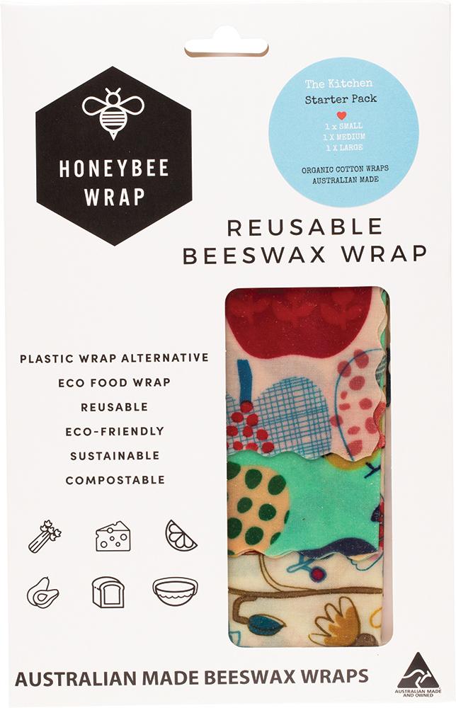 HONEYBEE WRAP Reusable Beeswax Wrap Kitchen Starter Pack S,M & L