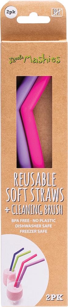 LITTLE MASHIES Reusable Soft Silicone Straws Pink & Purple + Brush